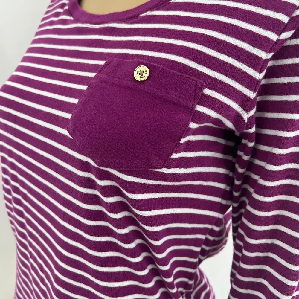 Jones New York (M) Purple White Striped  Rolled Cuff 1/2 Sleeve Boat Tee Shirt - Picture 2 of 7